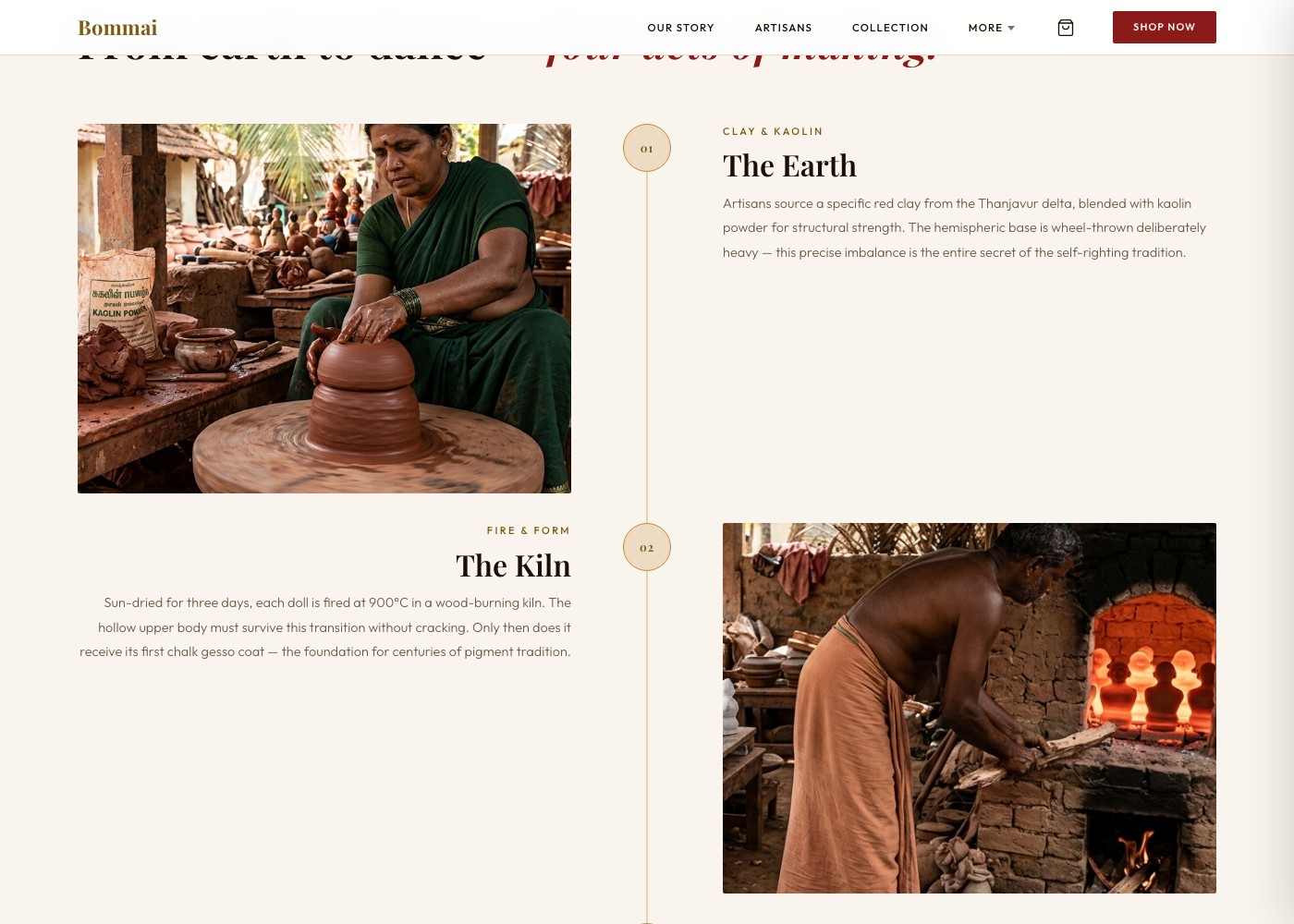 Artisan photography of the four-step doll-making process: throwing the clay, then firing it in a wood kiln