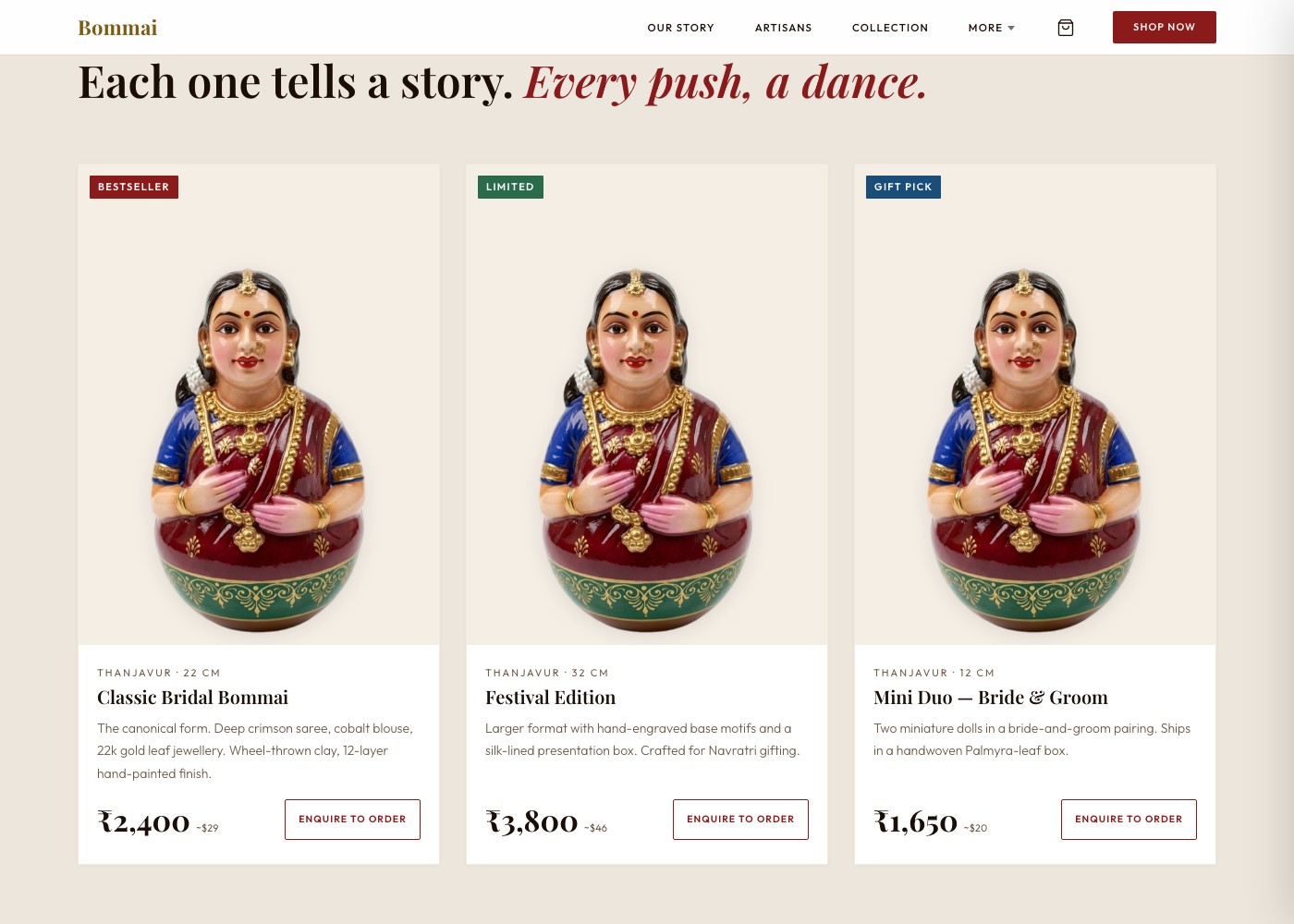 Product collection grid with three dolls, prices in rupees and dollars, and an enquire-to-order button