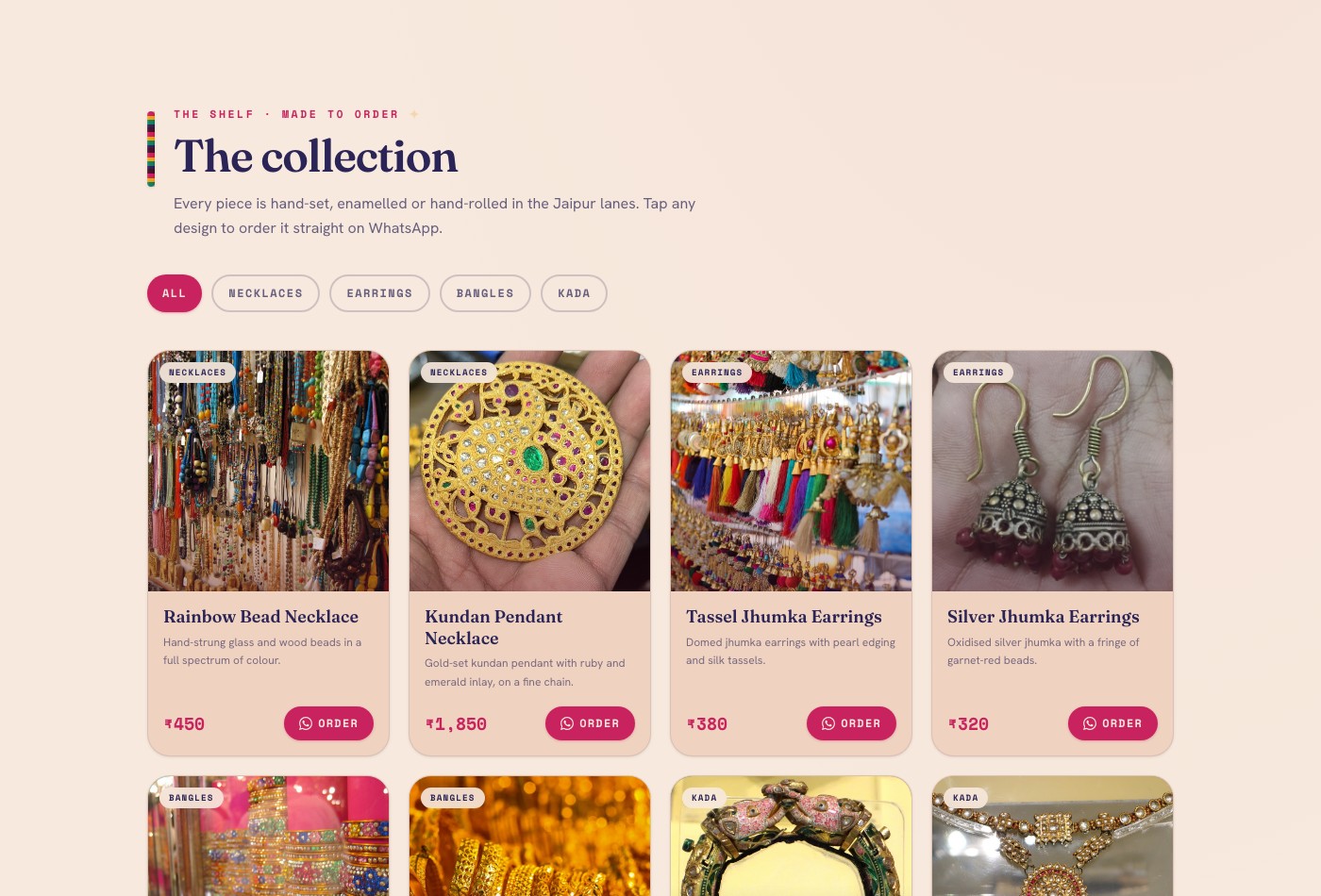 Filterable product catalog grid with prices and WhatsApp order buttons