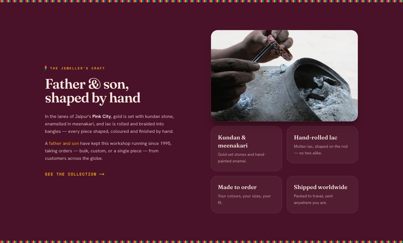 Story section describing the workshop's craft, on a dark maroon background