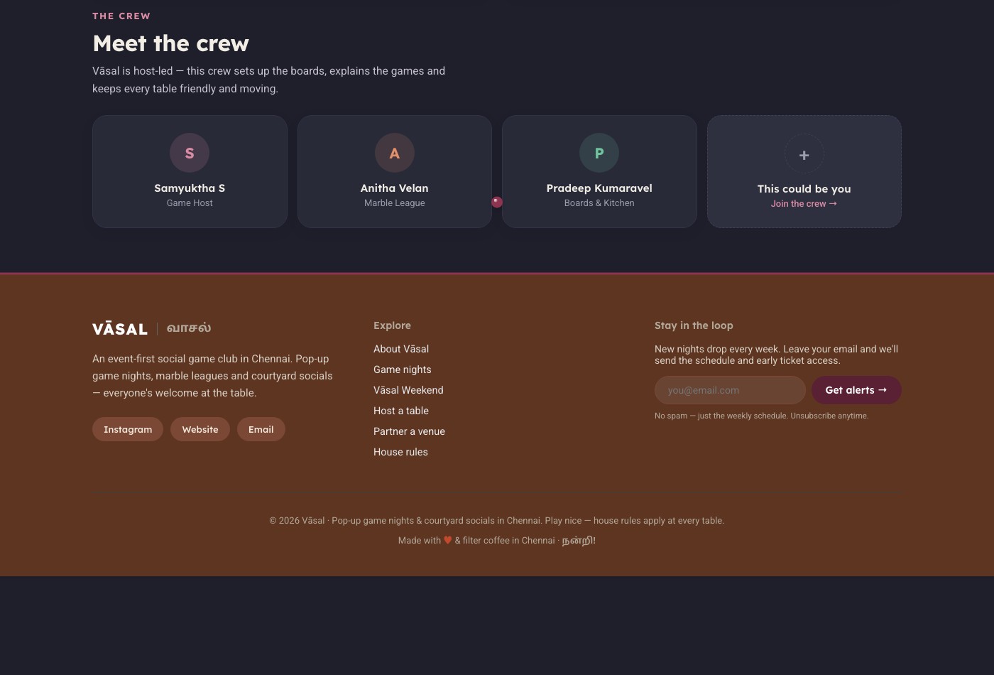 Host bios and site footer shown in dark mode